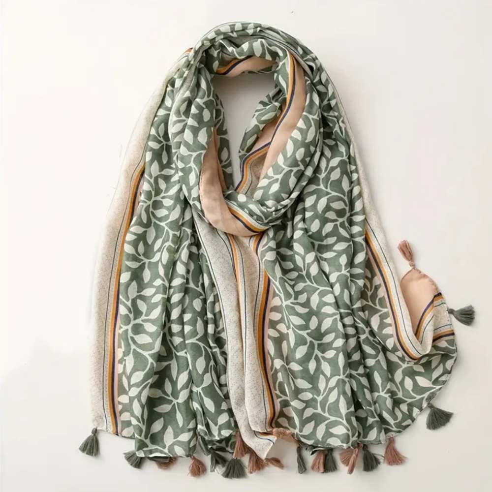 Leaf-Print Tassel Scarf in Sage and Beige - Unbranded